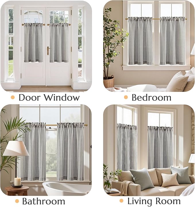 jinchan Striped Linen Kitchen Curtains 36 Inches Tier Curtains Farmhouse Modern Cafe Style Small Window Treatments Airy Light Filtering Rod Pocket for Living Room Bathroom 2 Panels Charcoal Grey