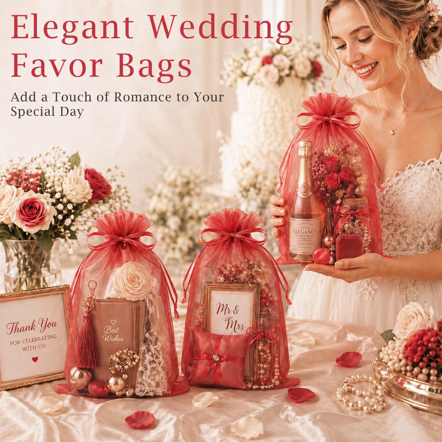 FUNFERY 100 PCS Organza Bags 6x9 in, Red Mesh Gift Bags with Drawstring, Bulk Clear Gift Bag for Wedding Party Favors Treats, Large Mesh Goodies Bag for Christmas, Drawstring Pouch for Jewelry