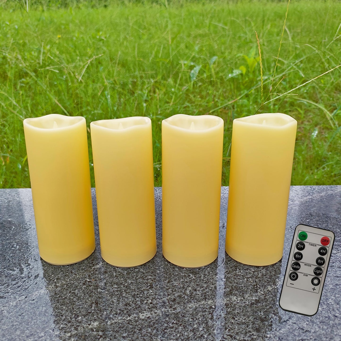 4 Pack Outdoor Flameless Pillar Candles with Remote and Timer Battery Operated Waterproof Electric LED Candle Set for Home Décor HHalloween Party Wedding Supplies Garden Christmas Decoration 2”x5”