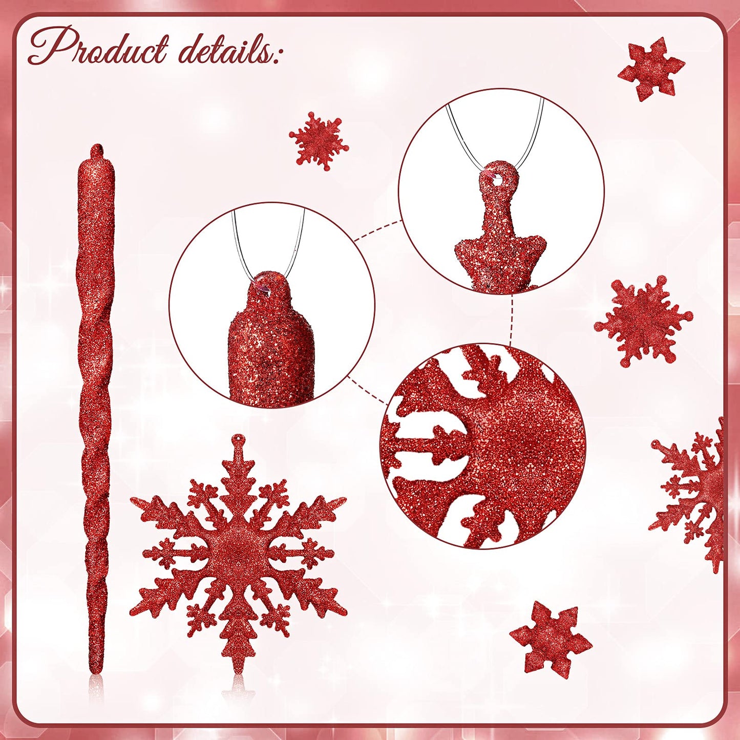Chuangdi 72 Pcs Snowflake Icicle Ornaments for Christmas Tree Twisted Glitter Icicles Acrylic Hanging Drop Decoration for Winter Xmas Holiday Party New Year Outdoor Supplies(Red)