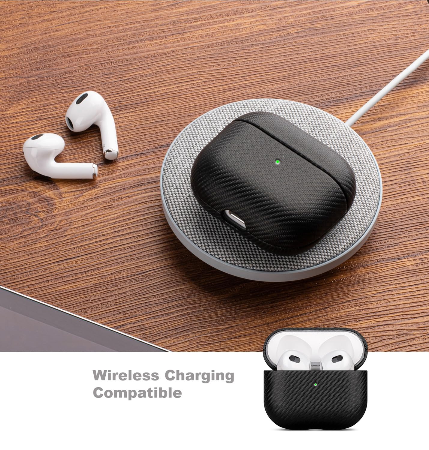LOPIE Handmade Case for AirPods 3 (Released in 2021), Built-in Magnets for MagSafe Charging, Carbon Fiber Style Vegan Leather Case Cover for Gen 3 AirPods (Not for AirPod Pro 3rd Generation) - Black