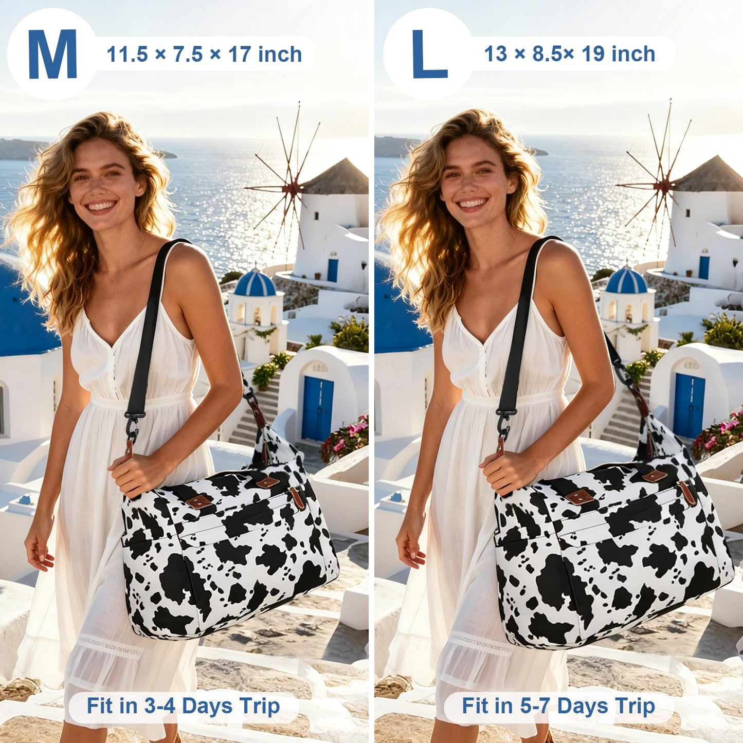 Pritent Travel Duffle Bag, Waterproof Weekender Overnight Hospital Bags for Women Men with Toiletry Bag Lightweight Personal Item Duffle Gym Bag for Travel, Airplanes, Sports(Cow Print, Large)