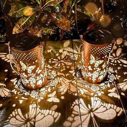 2 Pack Butterfly Birthday Gifts for Women Mom Grandma Solar Lanterns Outdoor Waterproof Garden Decor Metal Hanging LED Decorative Light for Patio Yard Lawn Backyard Front Porch Gardening Gifts