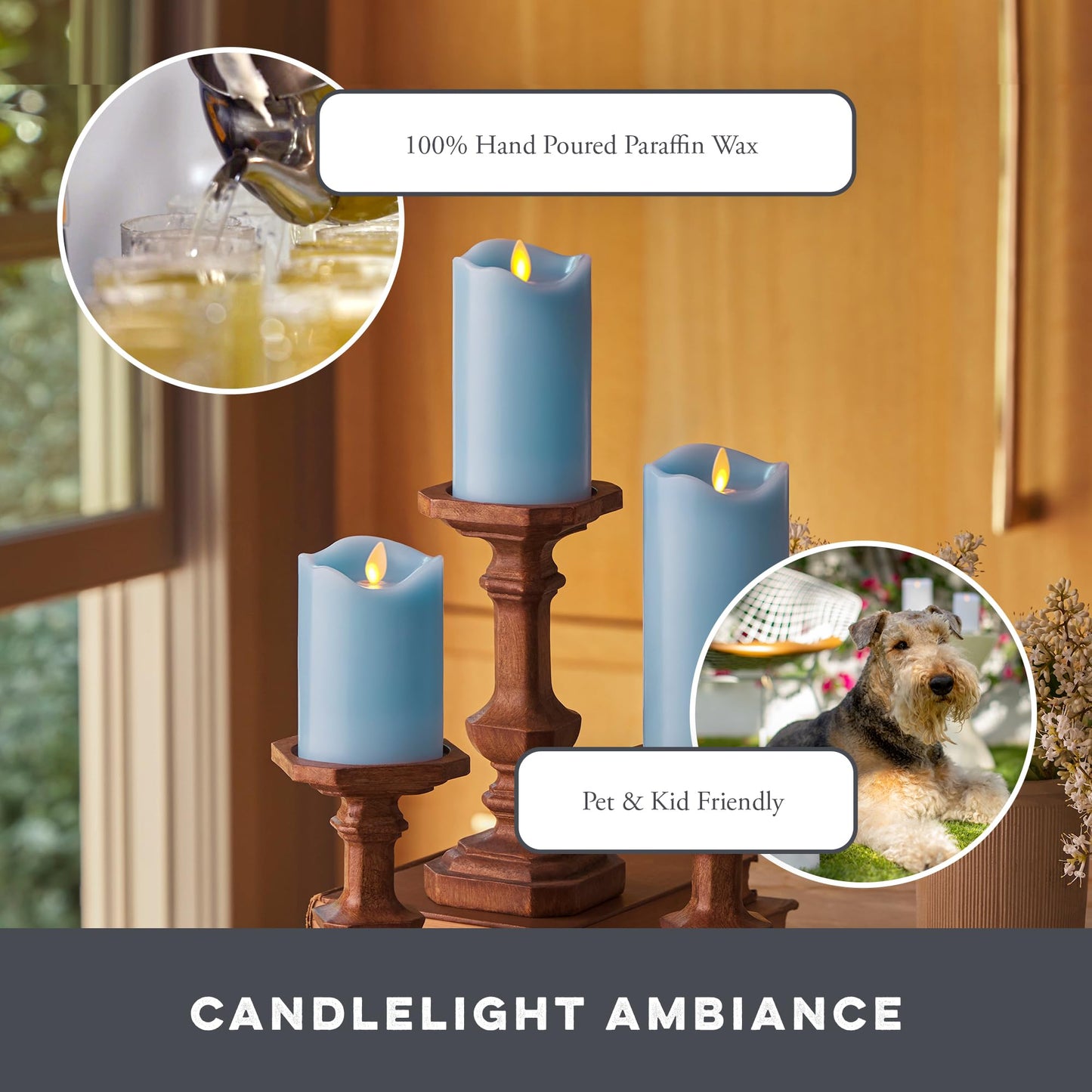 Matchless Candle Co. by Luminara Set of 3 (3" x 4.5",5.5",6.5") Flameless LED Flickering Battery Candle Moving Flame Pillar, Melted Edge, Real Wax Smooth Finish (Pastel Blue)