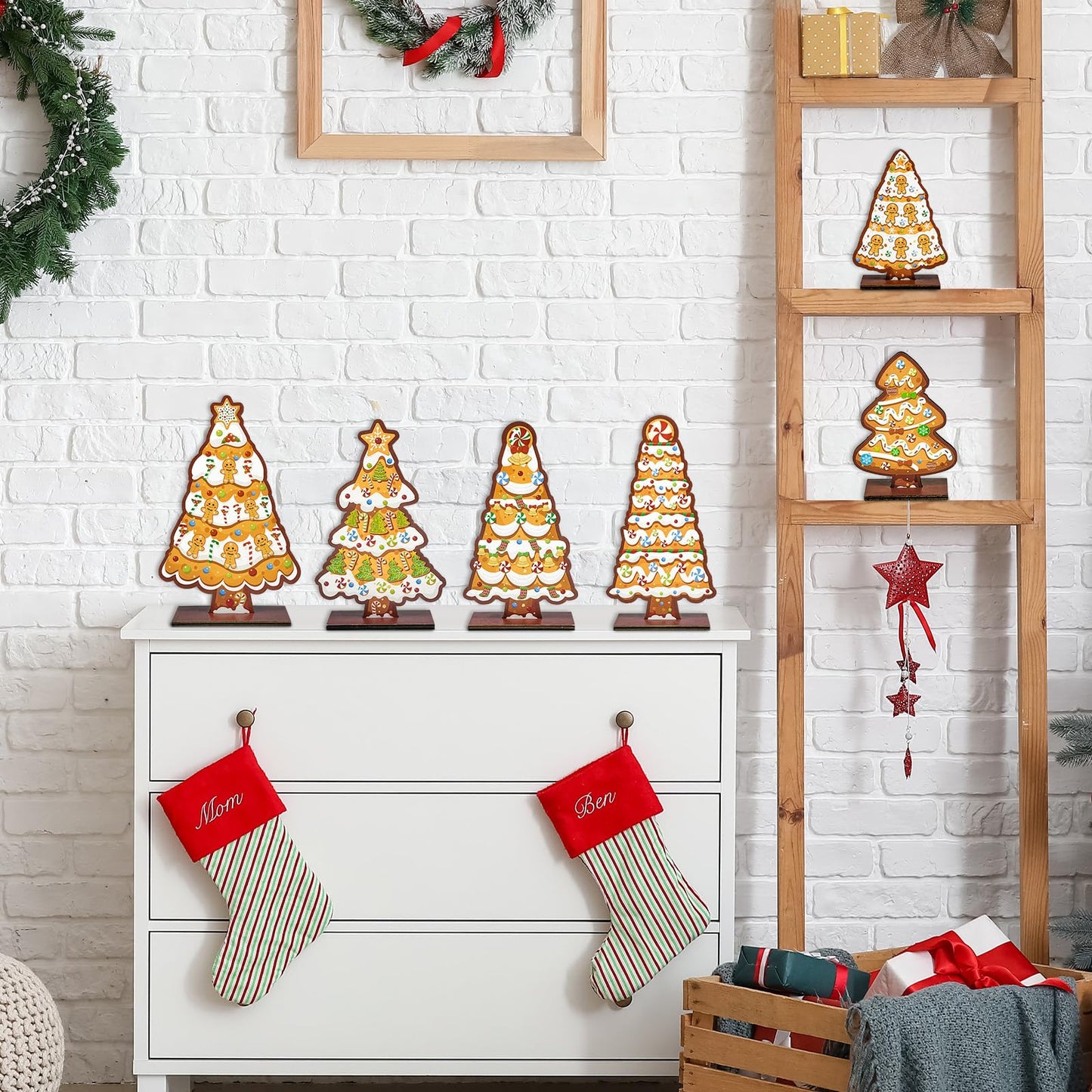 Cinrobiye 6 Pcs Christmas Table Decorations, Gingerbread Tree Tabletop Centerpieces Farmhouse Rustic Wood Xmas Trees for Home Mantel Fireplace Winter Holiday Party Supplies Decor
