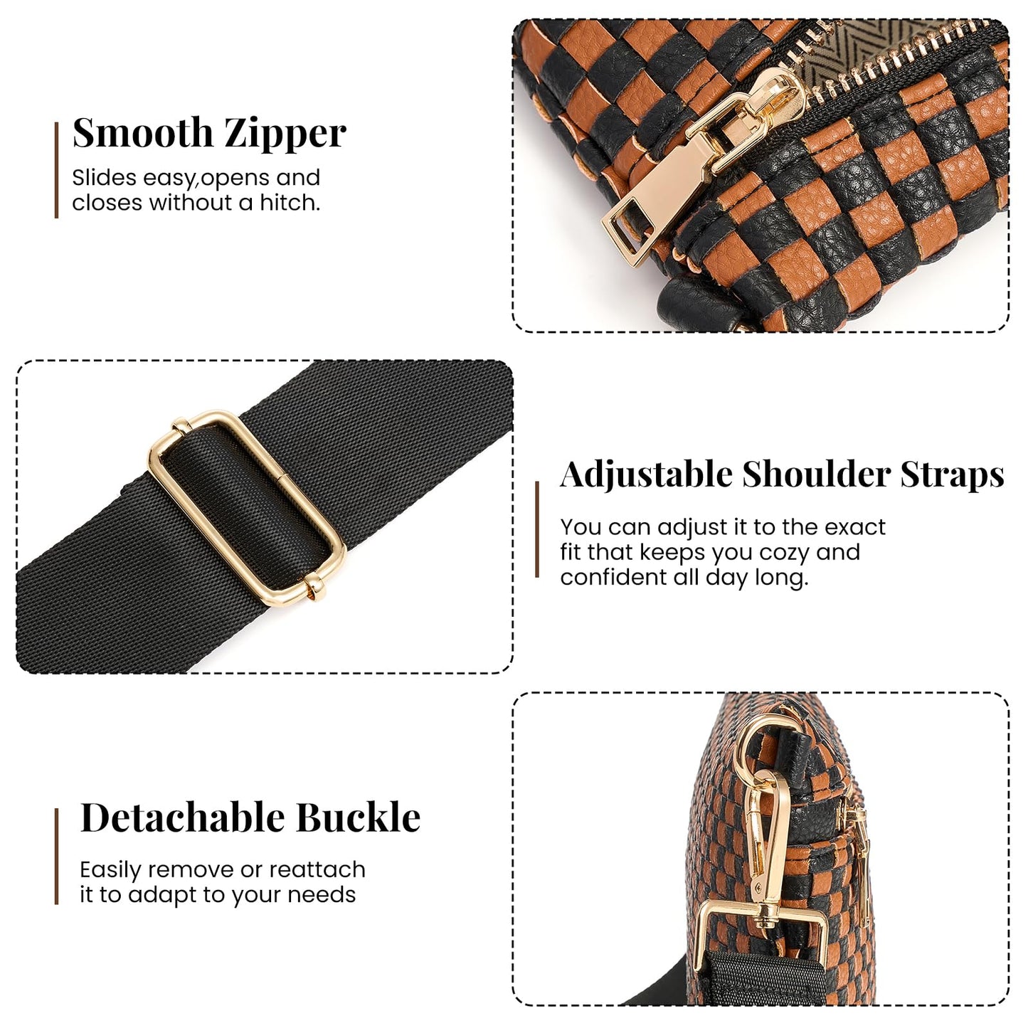 Woven Crossbody Bags For Women, Checkered Fashion PU Bum Bag Waist Pack, Travel Sling Purse with Adjustable Strap（Black and Brown)