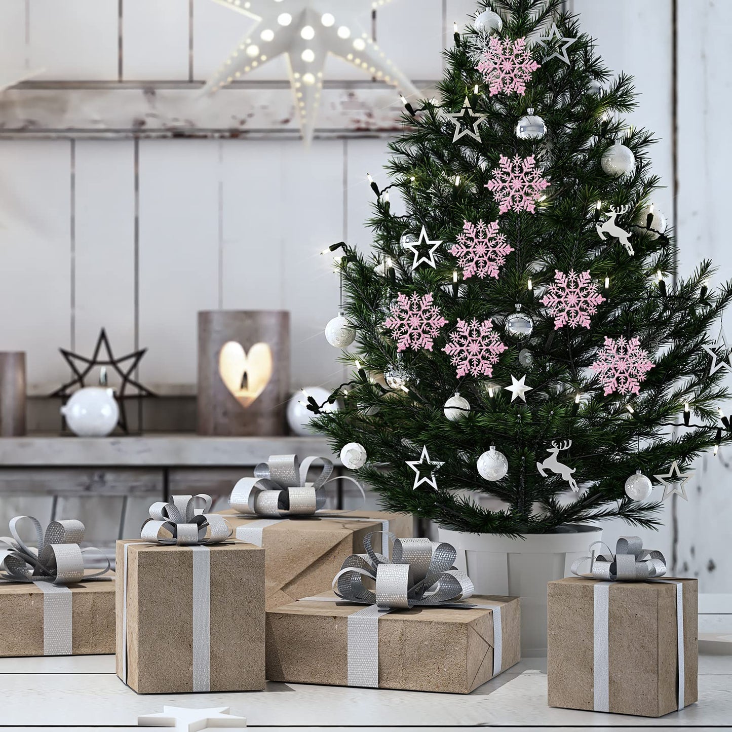 Luxtea 4''/10cm Sparkling Glittered Plastic Snowflake Ornaments Christmas Tree Decorations(30ct, Pink)