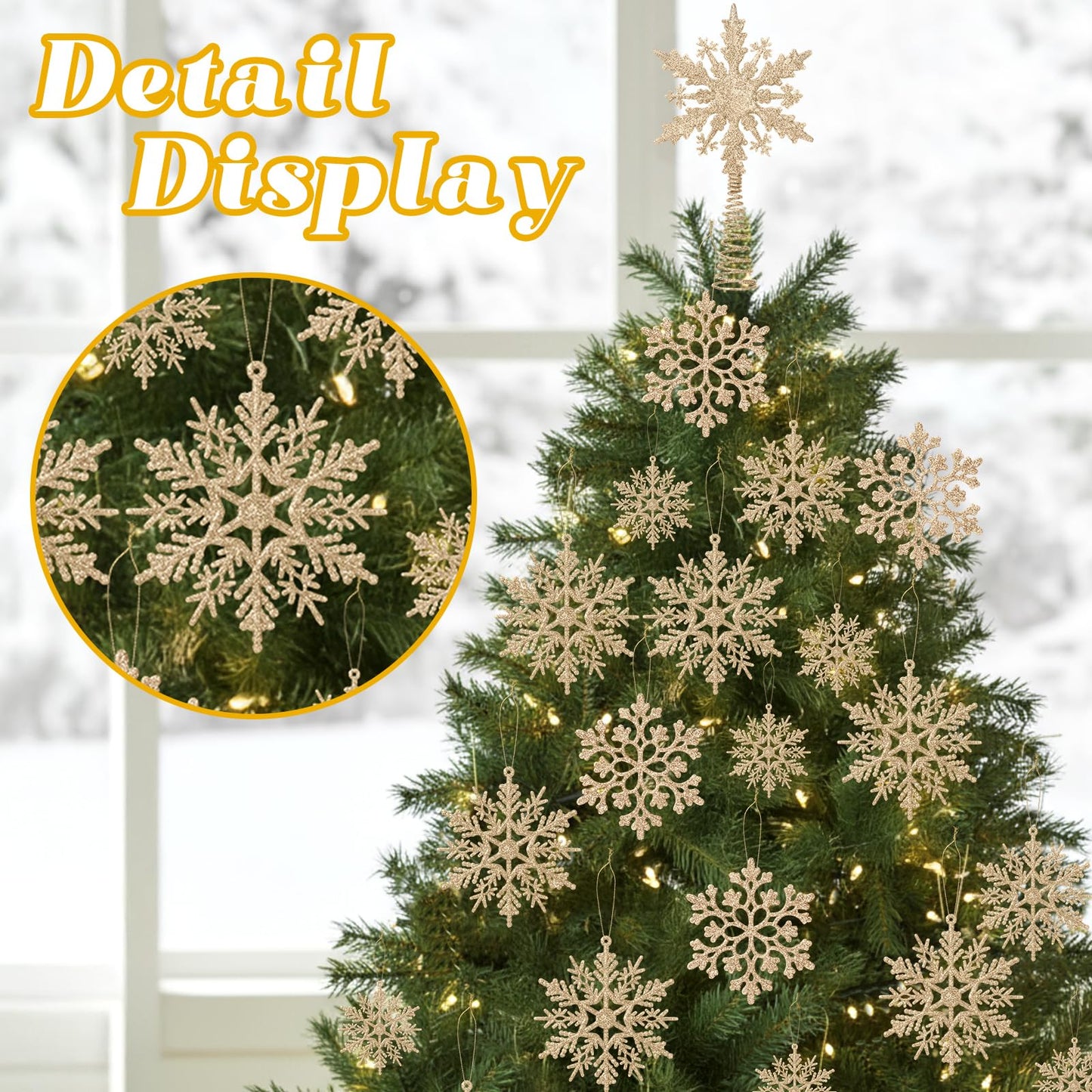 Teenyyou 36 Pcs Snowflake Christmas Tree Decoration 1 Pcs Glitter Star Tree Topper Snowflake Hanging Ornaments for Craft Christmas Trees DIY Indoor Ceiling Winter Party Decoration(Champagne)