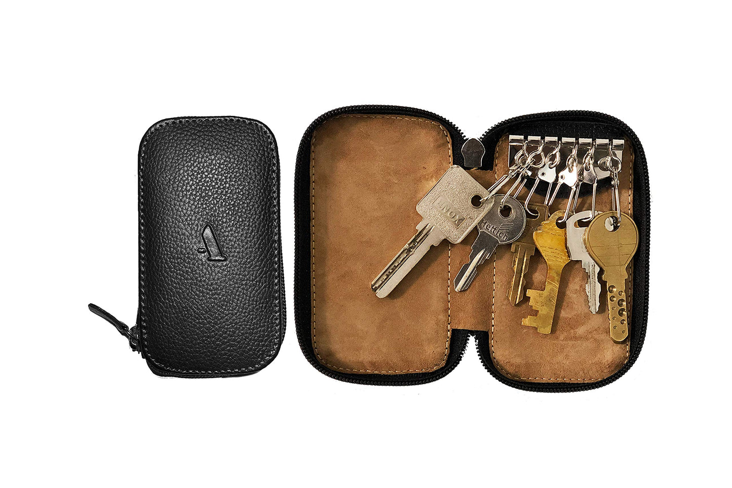 Adamis Full Grain Genuine Leather Keychain Holder Pouch, Key Case, Soft Strong and Compact Organizer and Wallet with Zip Closure for Extra Safety and 6 Key Holder Hooks in Black
