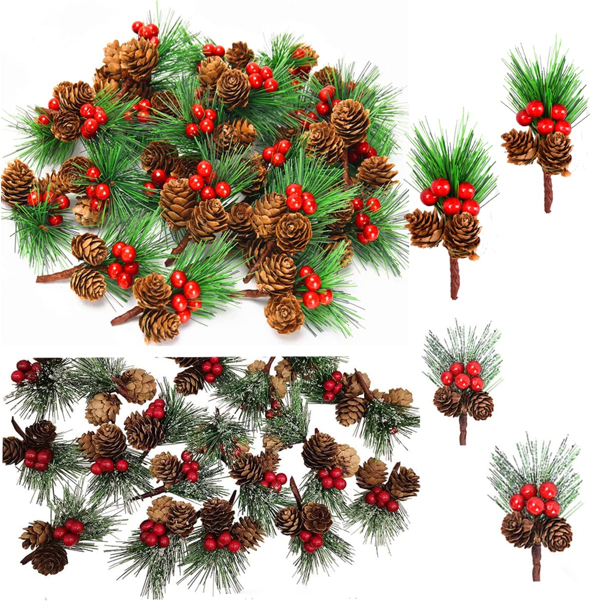 Ayuanb 20 Pcs Artificial Pine Picks, Christmas Cone Picks Red Berry Stems, Green Pine Needles Evergreen Branches for Christmas Floral Arrangement Wreath Crafts Holiday Xmas Tree Decorations