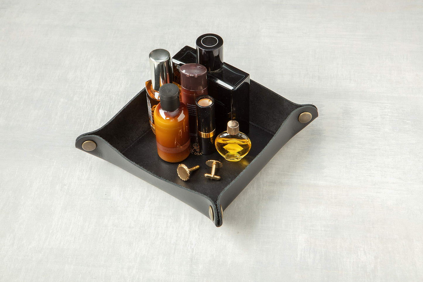 USA Handmade Premium Leather Valet Tray, Folds Flat! Dice Rolling Basket and Organizer with Brass Snaps - for Keys, Jewelry, Coin, EDC, Watch Storage Caddy - Black Medium