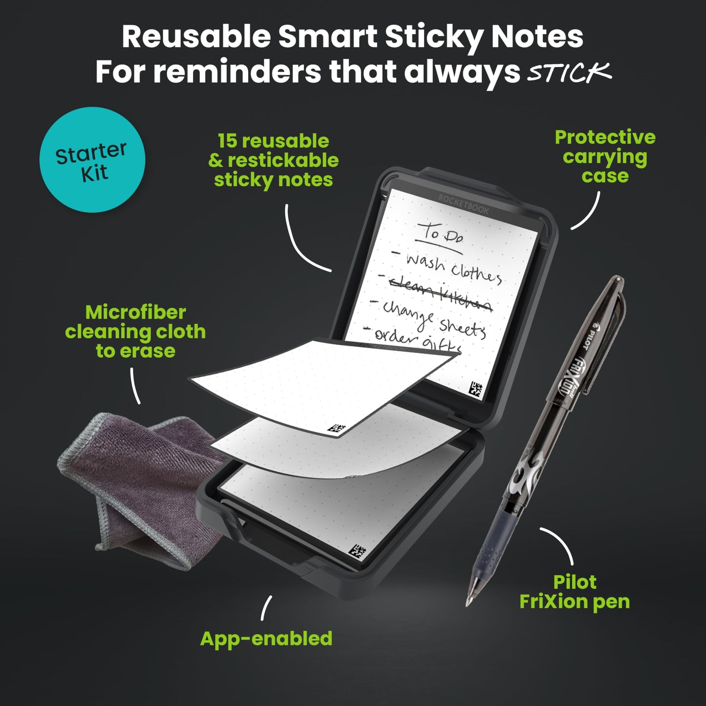 Rocketbook Reusable Sticky Notes Starter Pack, Restick and Reorganize Memo Pads, 3"x3", 15 Black Sticky Notes, Includes Pen, Towel + Carrying Case (Kit of 1)