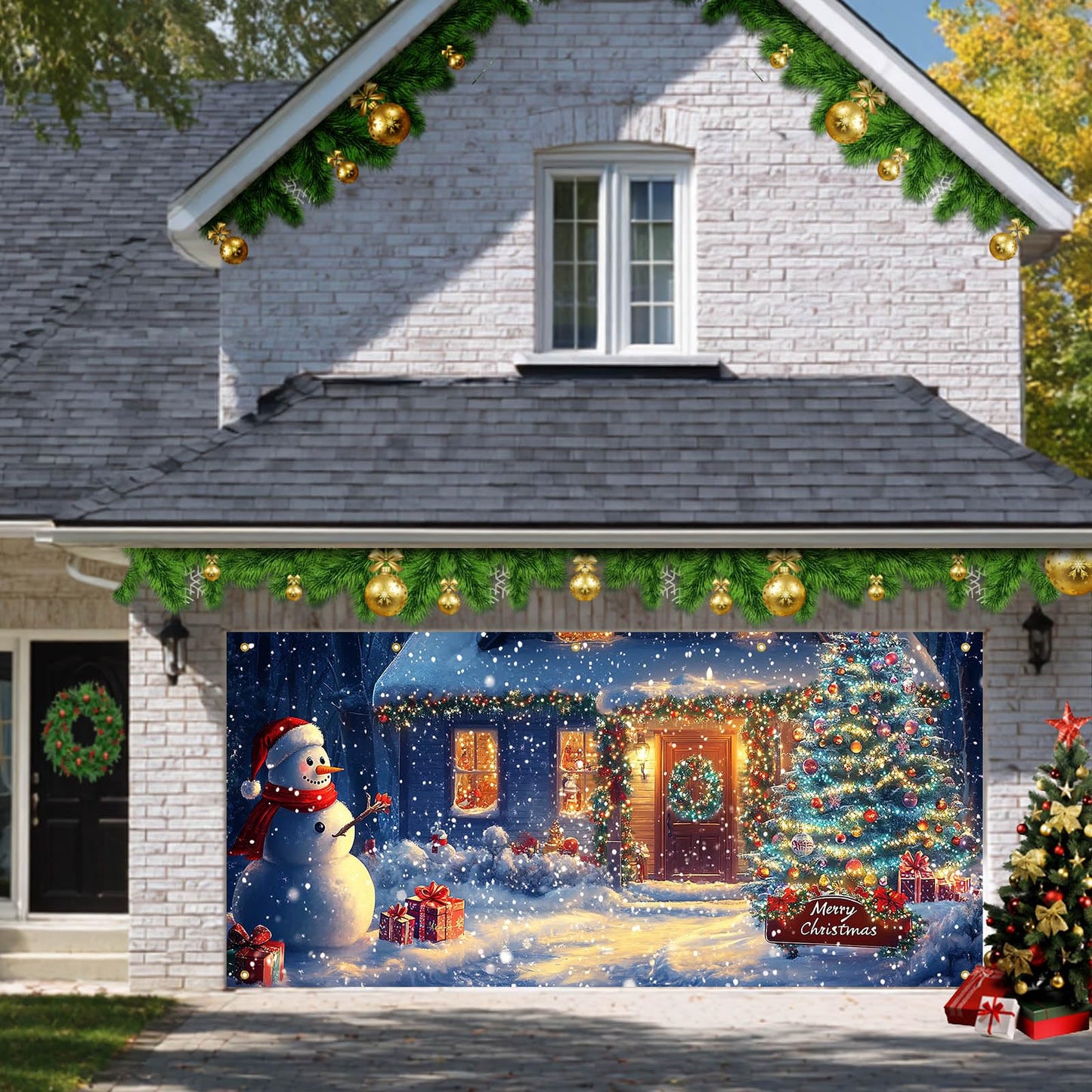 HOMETITUTE Christmas Door Banner 13x6ft Snowy Winter Scene Snowman Christmas Tree Gift Boxes Holiday Porch Decoration Seasonal Merry Christmas Front Door Cover Indoor Outdoor