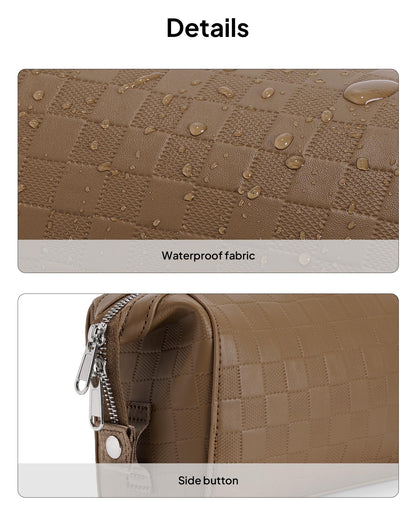 TOPEAST Travel Makeup Bag Cosmetic Bags for Women, 3 Pcs Set Make Up Toiletry Bag with Removable Zip Purse, Waterproof Leather Makeup Brush Organizer for Travel Essentials, Brown
