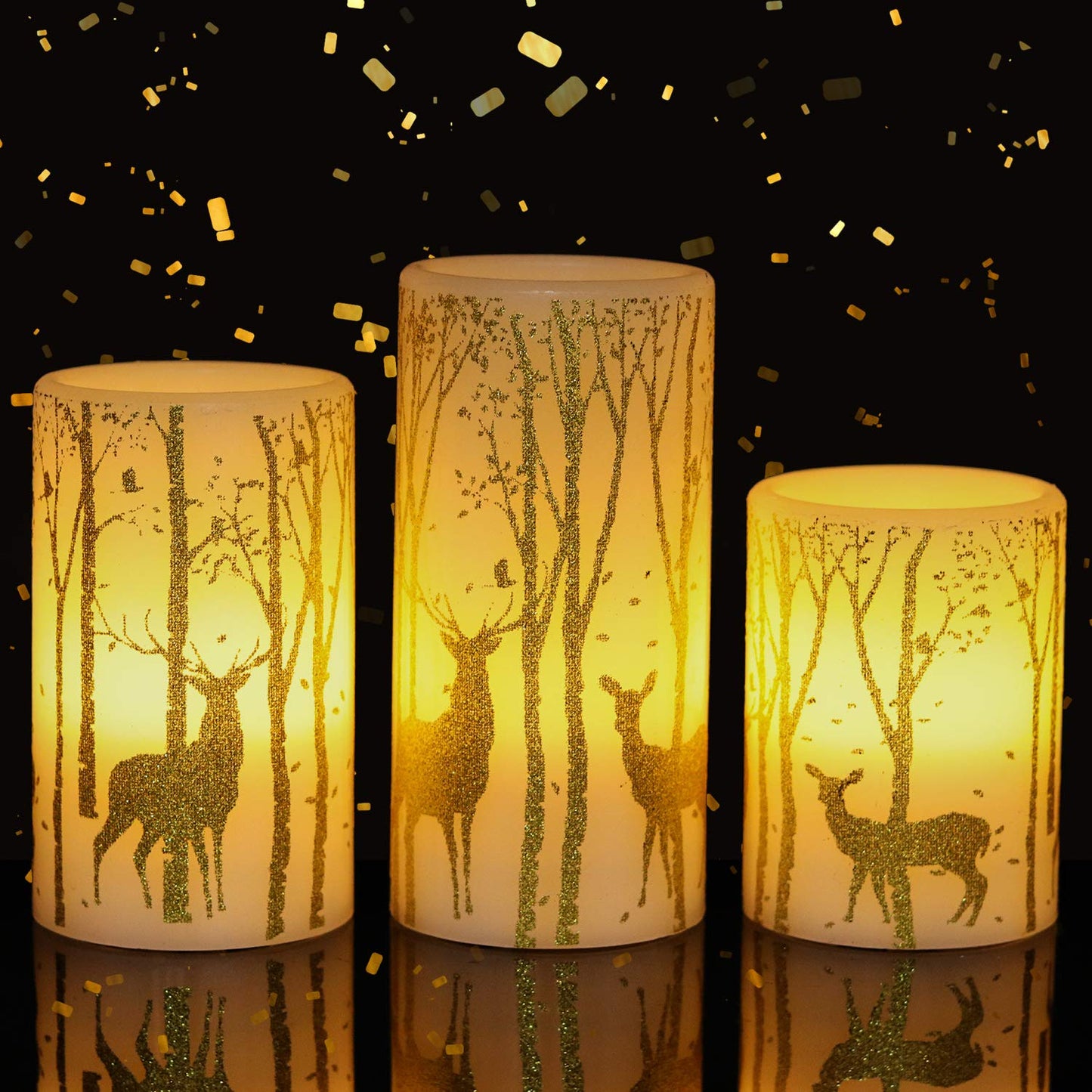 Wondise Flameless Flickering Candles with Timer, Battery Operated Real Wax Gold Deer Decal LED Pillar Candles for Christmas Holiday Home Decoration, Set of 3(3 x 4,5,6 Inch)