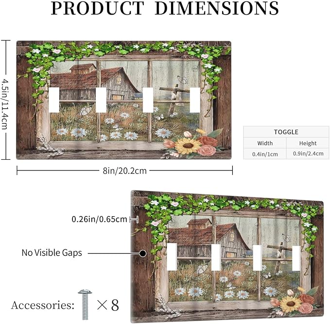 Farm Barn Farmhouse Rustic Country Flower Quad Gang Toggle Light Switch Cover 4-Gang Wall Plates Decorative Electrical Switchplate for Home Bedroom Art Decorate