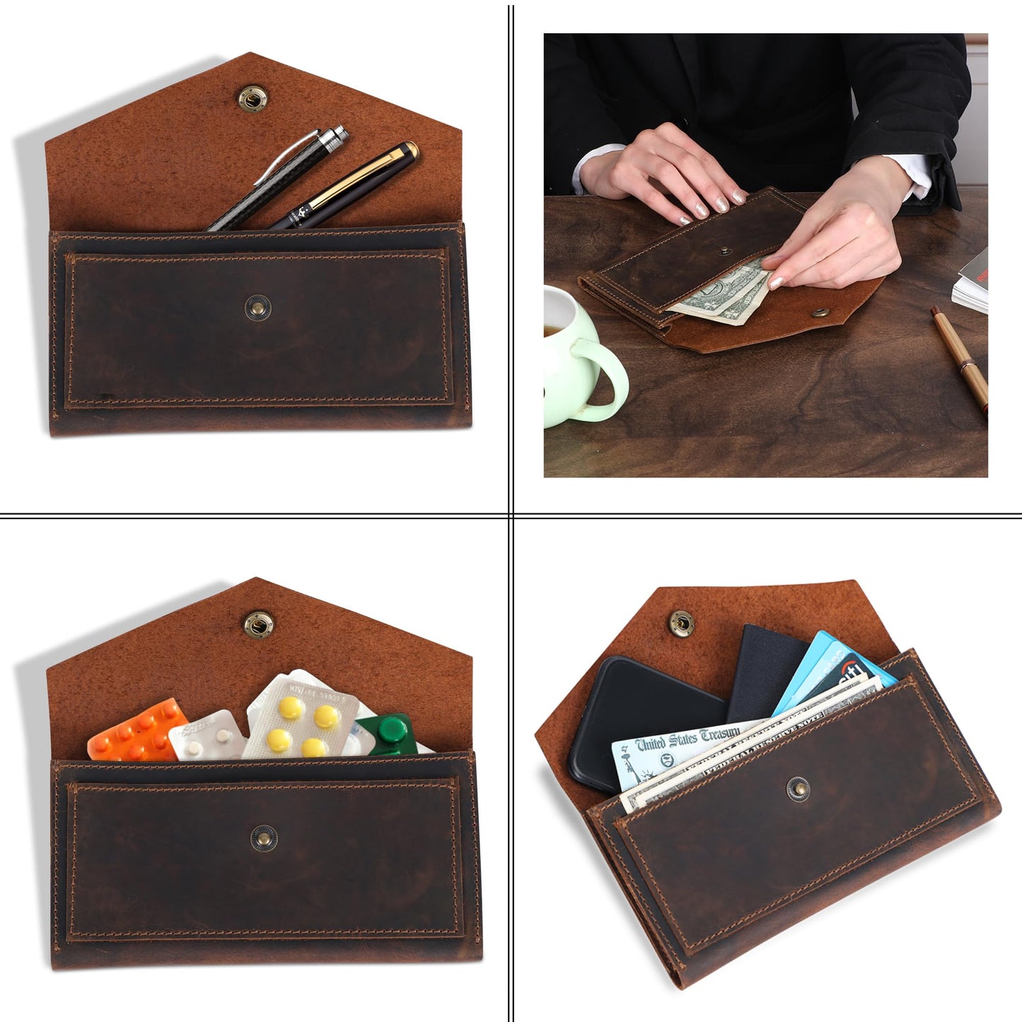 TheAntiq Brown Leather Cash Envelopes for Money - Small Money Pouch With Mobile Holder, Handmade Leather Wallets Currency Holder - Money Organizer for Cash Money Bag for Travel Wallets for Women
