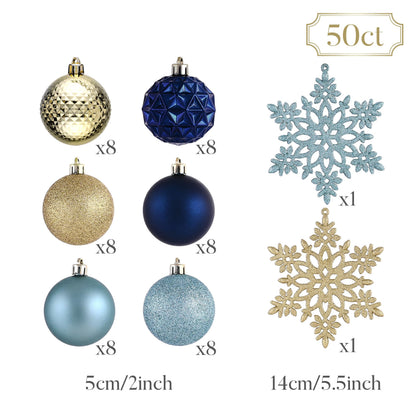 Valery Madelyn Christmas Tree Decorations Ornament Set, 50ct 2 Inches Blue and Gold Shatterproof Christmas Ball Ornaments Hanging Xmas Holiday Party Decor
