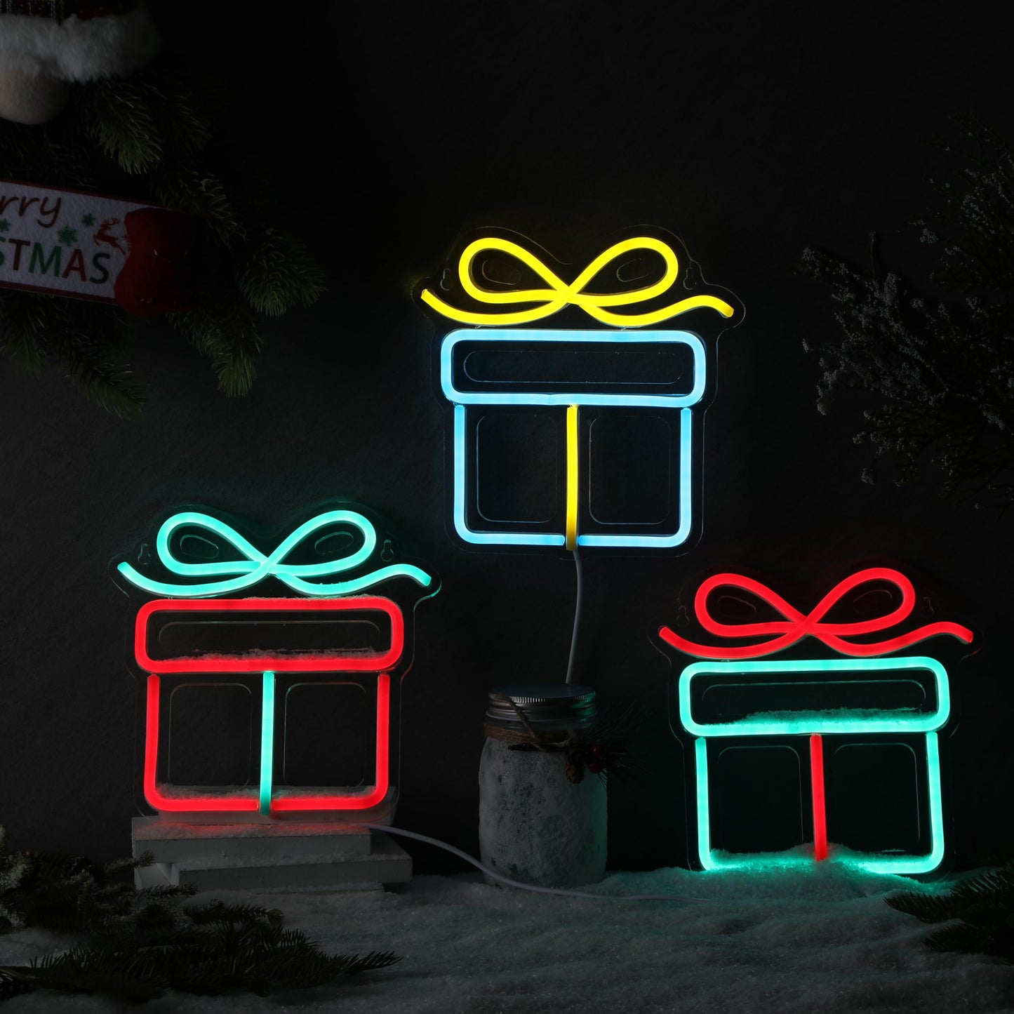 ROCEEI 3 Pcs Christmas Neon Sign, Neon Lights Gift Box LED USB Wall Bar Living Room Decor for Winter Party Holiday Night Bedroom Gifts