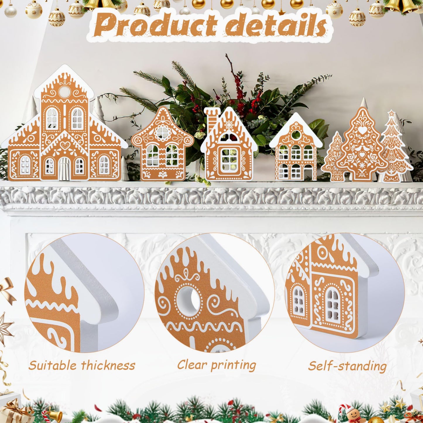 Faccito 9 Pcs Wood Gingerbread House Decor Sets Christmas Village Bulk Wooden Christmas Tree Centerpiece Winter Desk Shelf Ornament for Mantel Window Xmas Tabletop Farmhouse Indoor Decorations