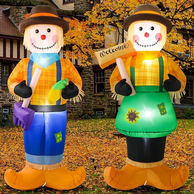 Jenaai 2 Pcs 6 Feet Fall Thanksgiving Harvest Inflatable Scarecrow Fall Harvest Inflatable Patio Decoration Autumn Blow up LED Lights Scarecrow for Outside, Front Door, Garden, Yard, Lawn