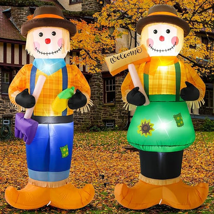 Jenaai 2 Pcs 6 Feet Fall Thanksgiving Harvest Inflatable Scarecrow Fall Harvest Inflatable Patio Decoration Autumn Blow up LED Lights Scarecrow for Outside, Front Door, Garden, Yard, Lawn