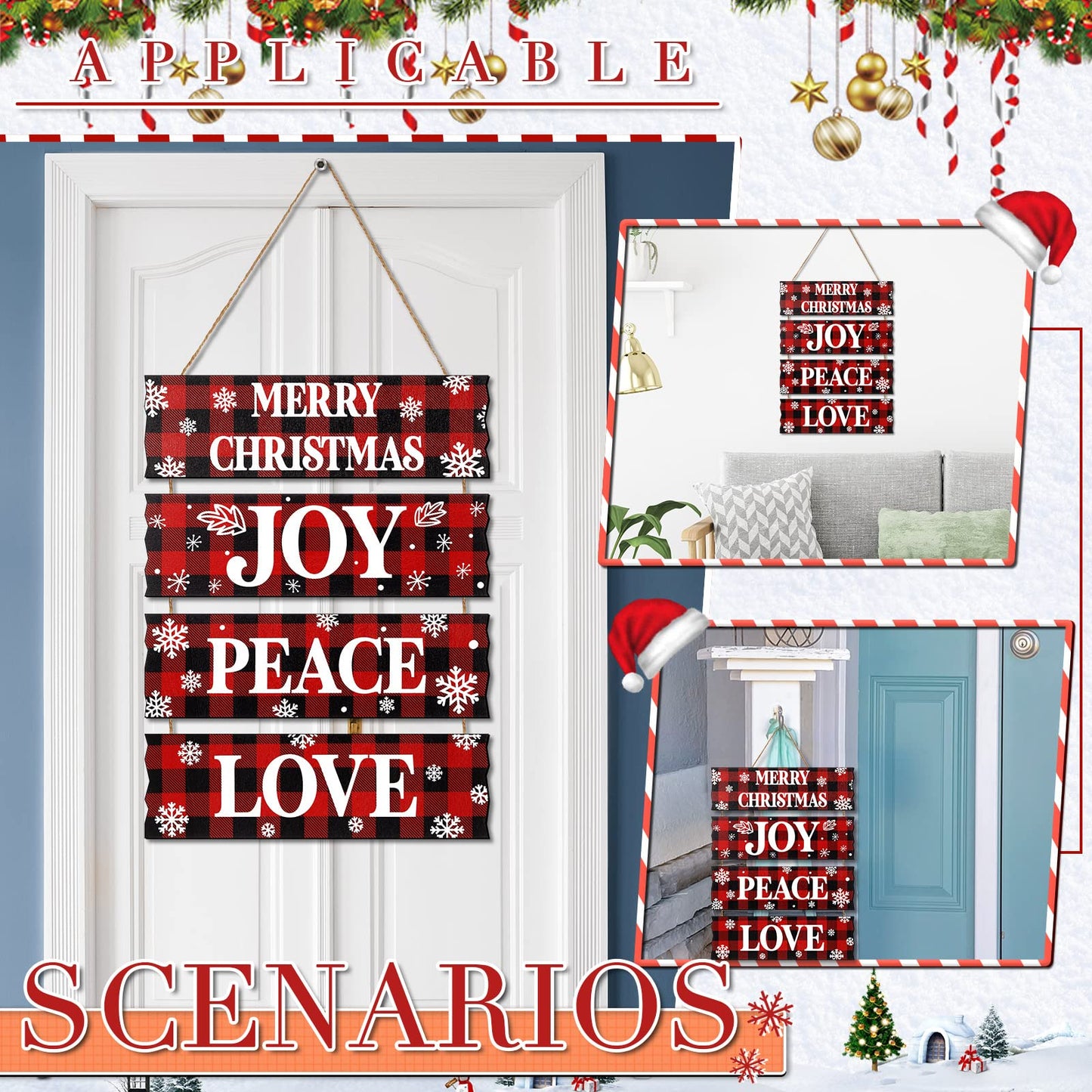Geelin 4 Pcs Christmas Wood Hanging Signs - Merry Christmas, Joy, Peace, Love - Wooden Square Sign Decoration for Home Indoor Outdoor(Plaid Style)