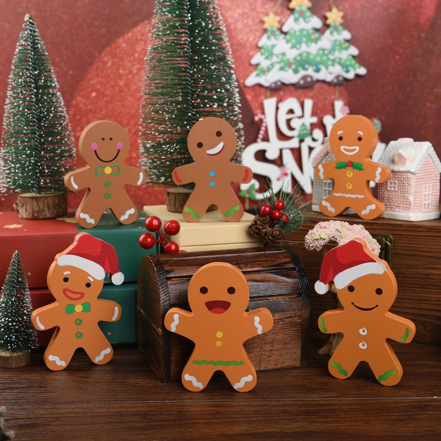 AllReal 6 Pcs Gingerbread Christmas Decorations Xmas Gingerbread Man Wooden Signs Farmhouse Decorative Winter Tabletop for Tiered Tray Holiday Party House Decor