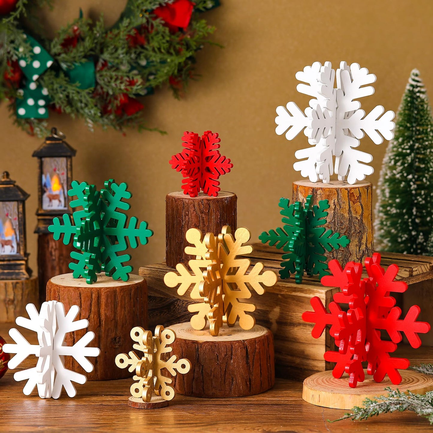 Wenqik 16 Pcs Winter Wooden Snowflake Decor Christmas Winter Snowflake Tabletop Decorations 3D Snow Table Signs Standing Centerpiece Xmas Tiered Tray Decorations for Party(Gold, White, Green, Red)