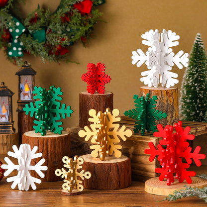 Wenqik 16 Pcs Winter Wooden Snowflake Decor Christmas Winter Snowflake Tabletop Decorations 3D Snow Table Signs Standing Centerpiece Xmas Tiered Tray Decorations for Party(Gold, White, Green, Red)