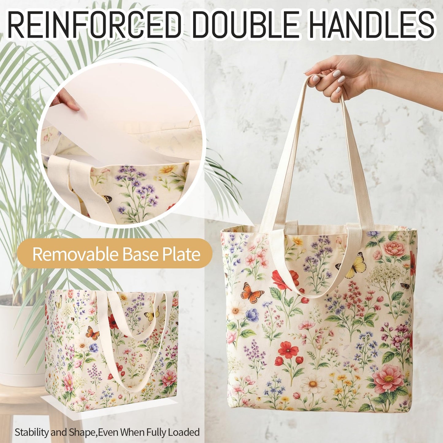 Ovveroche Large Canvas Grocery Tote Bag with Floral Reusable Heavy Duty Shopping Tote Bags with 6 Inner Pockets & Hard Bottom
