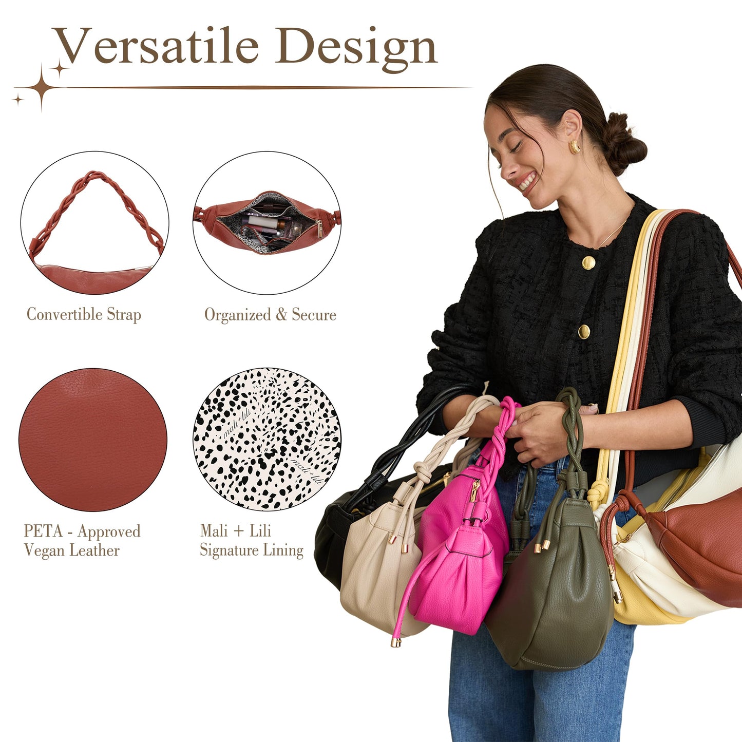 Mali+Lili Hobo Shoulder Bag for Women, Hobo Leather purses, Aria Convertible Crossbody Bags for Women, Women's Shoulder Handbags, Everyday Crossbody Purse, Cognac