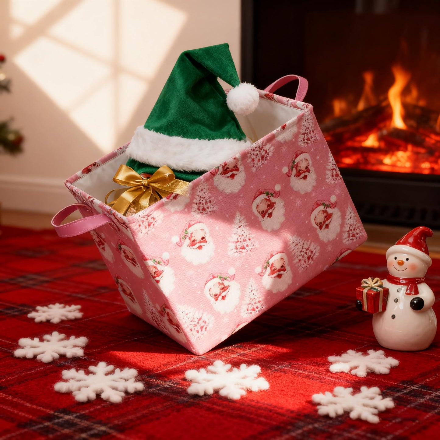FYSUIMU 2Pcs Pink Christmas Storage Basket Collapsible Canvas Organizer Cute Xmas Tree Santa Fabric Storage Bin with Handles for Shelf Closet Holiday Home Organizer Decor