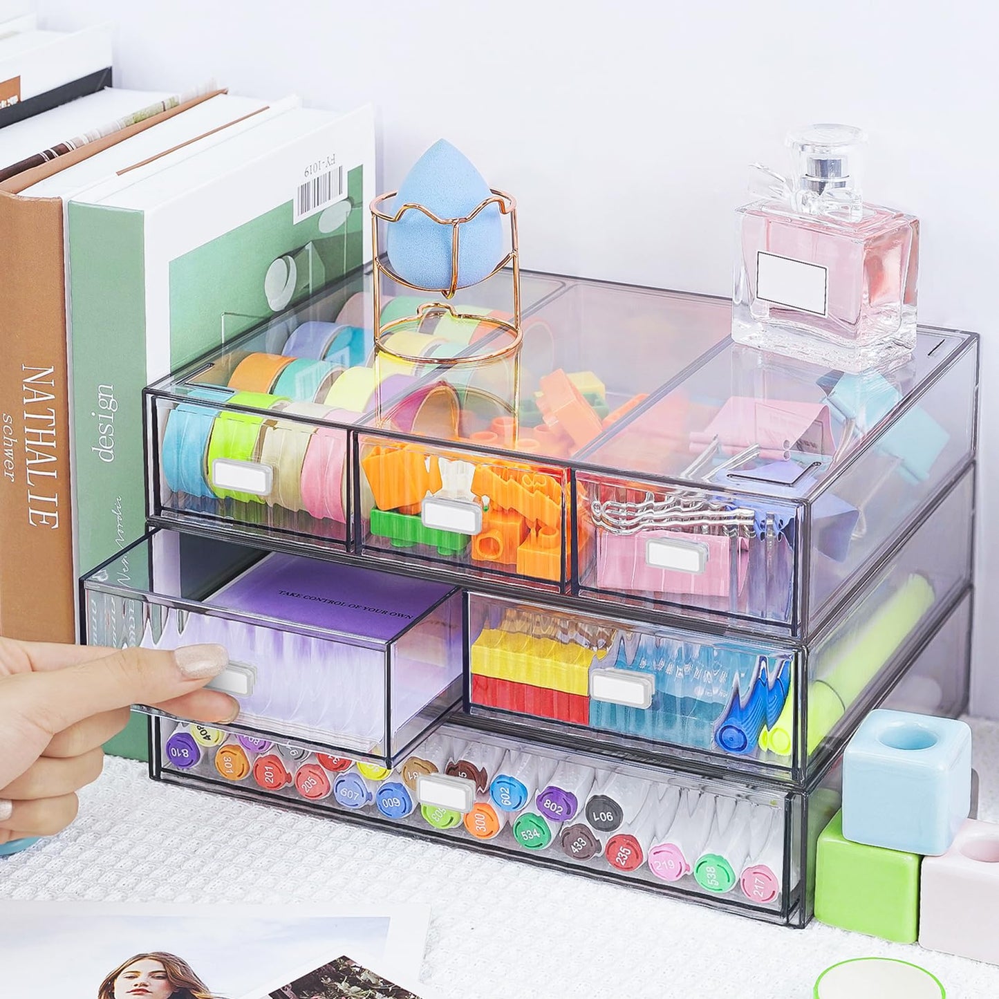 3 Tier Stackable Desk Organizer with 6 Drawers, YOCOMEY Plastic Desktop Storage Box Drawers, Detachable Makeup Storage Office Stationery Supplies Organizer for Office School(Clear)