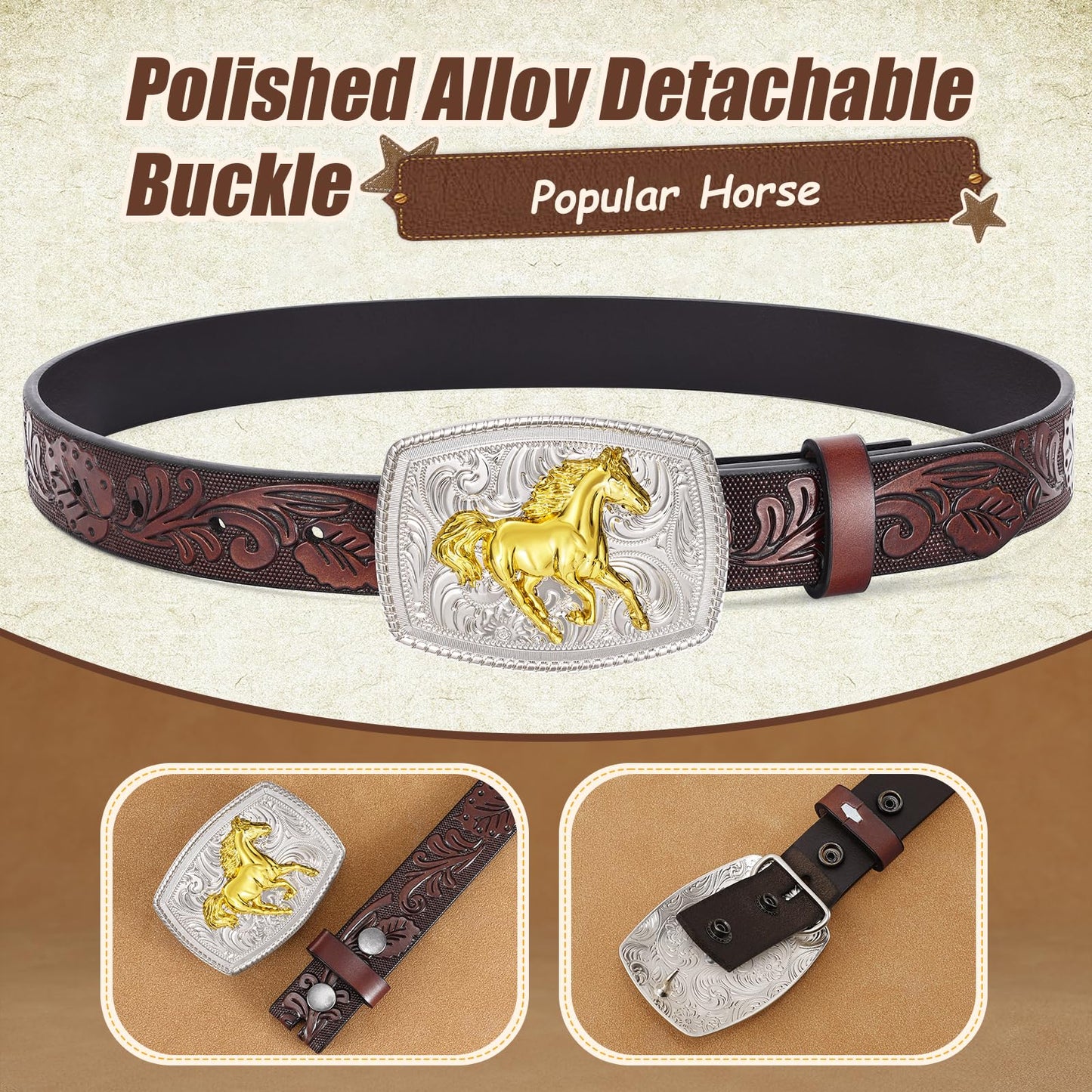 JKEEMI Kids Western Belt, Boys Girls Cowboy Belt for Kids with Detachable Square Buckle and Genuine Leather for Jeans Gifts
