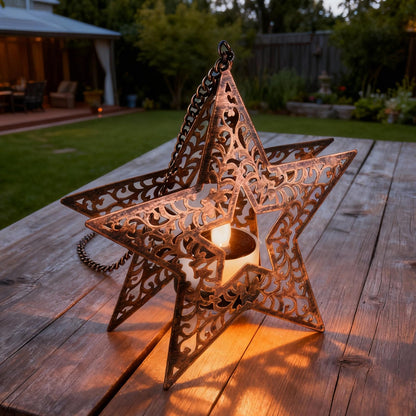 Hanging Solar Lights for Outside Trees, 4 Pack 6-Inch Hanging Star Lantern with Solar Tea Lights Outdoor Waterproof Chandelier, Patriotic Star Lights for 4th of July Decorations Porch Patio Pergolas