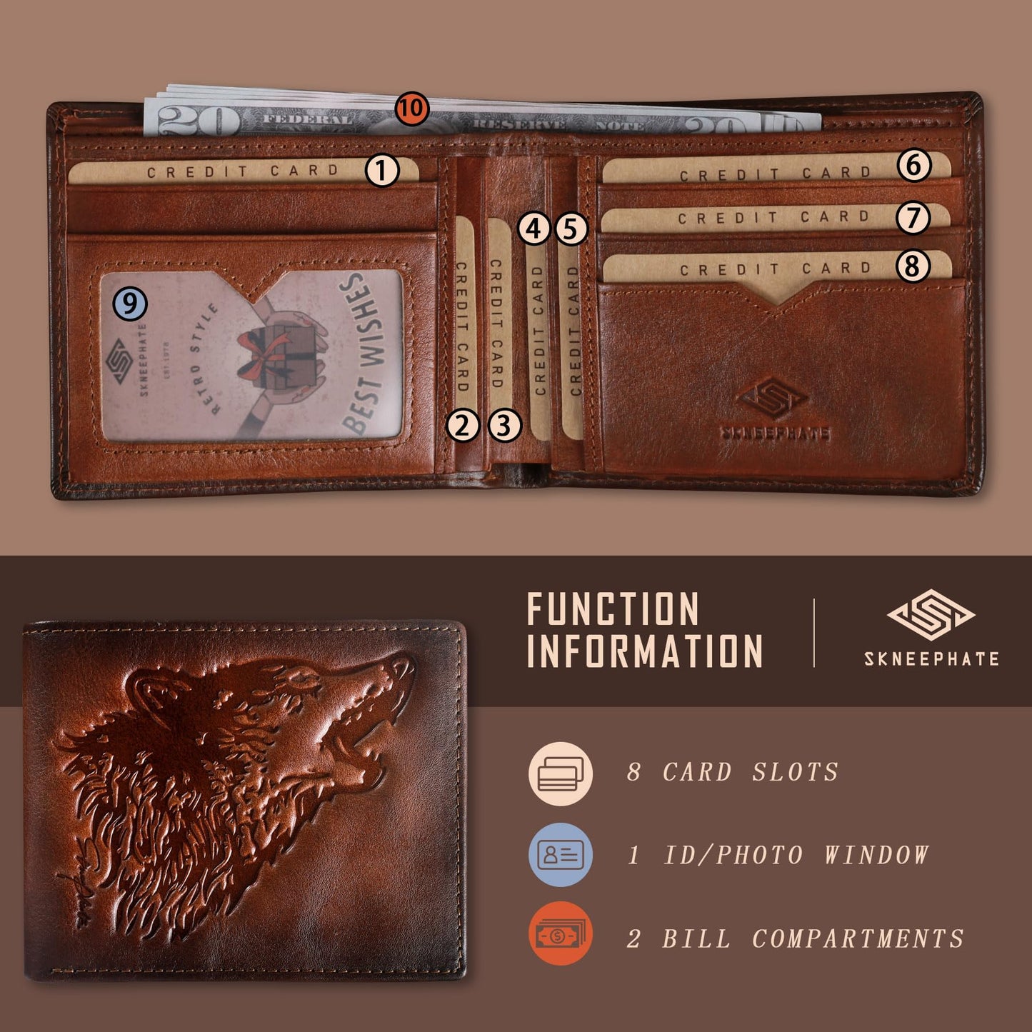 skneephate Mens Wallets Leather Bifold Cool Wallet For Men Wolf,Rfid Blocking,Gift For Him Husband (brown)
