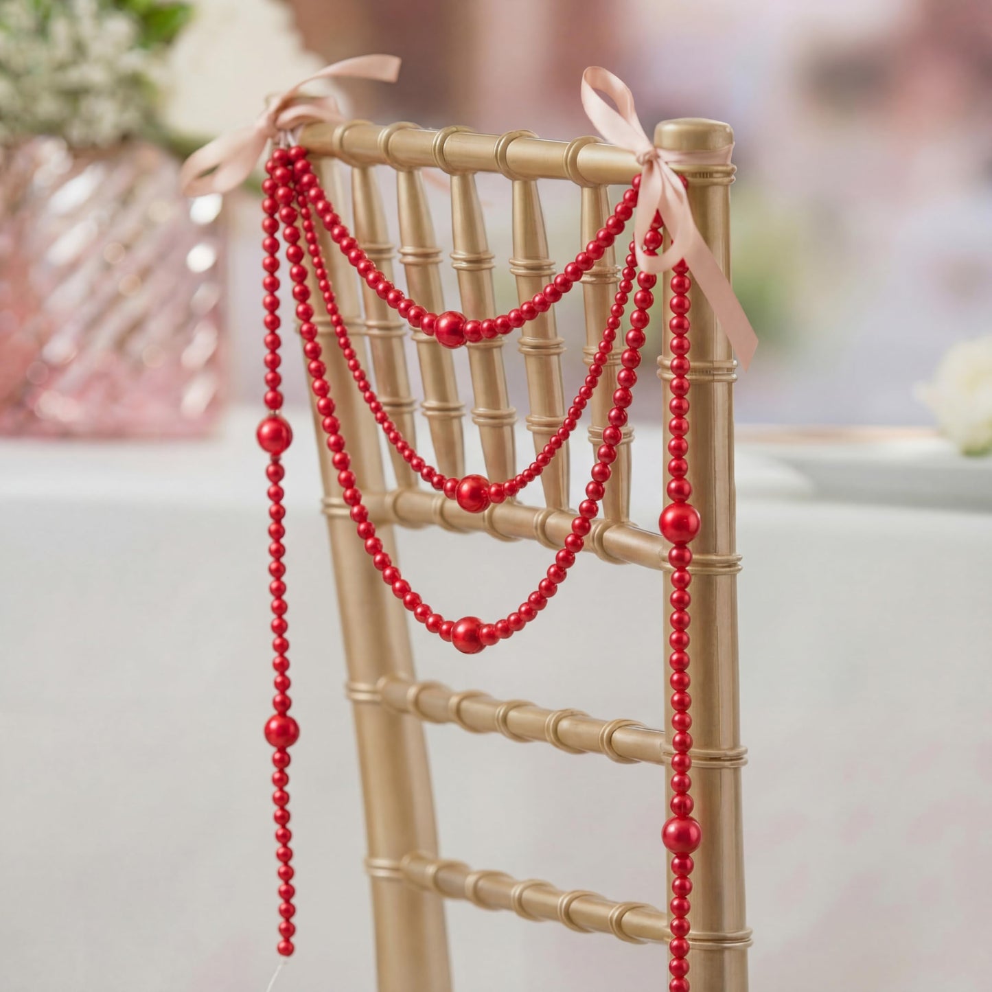 Yalikop 11.8 ft Red Faux Pearl Beads Garland for Wedding Pearl Garland Strand Chain Wedding Decoration for Floral Centerpieces Bridesmaid Party Favor Mantel Fireplace Stairs