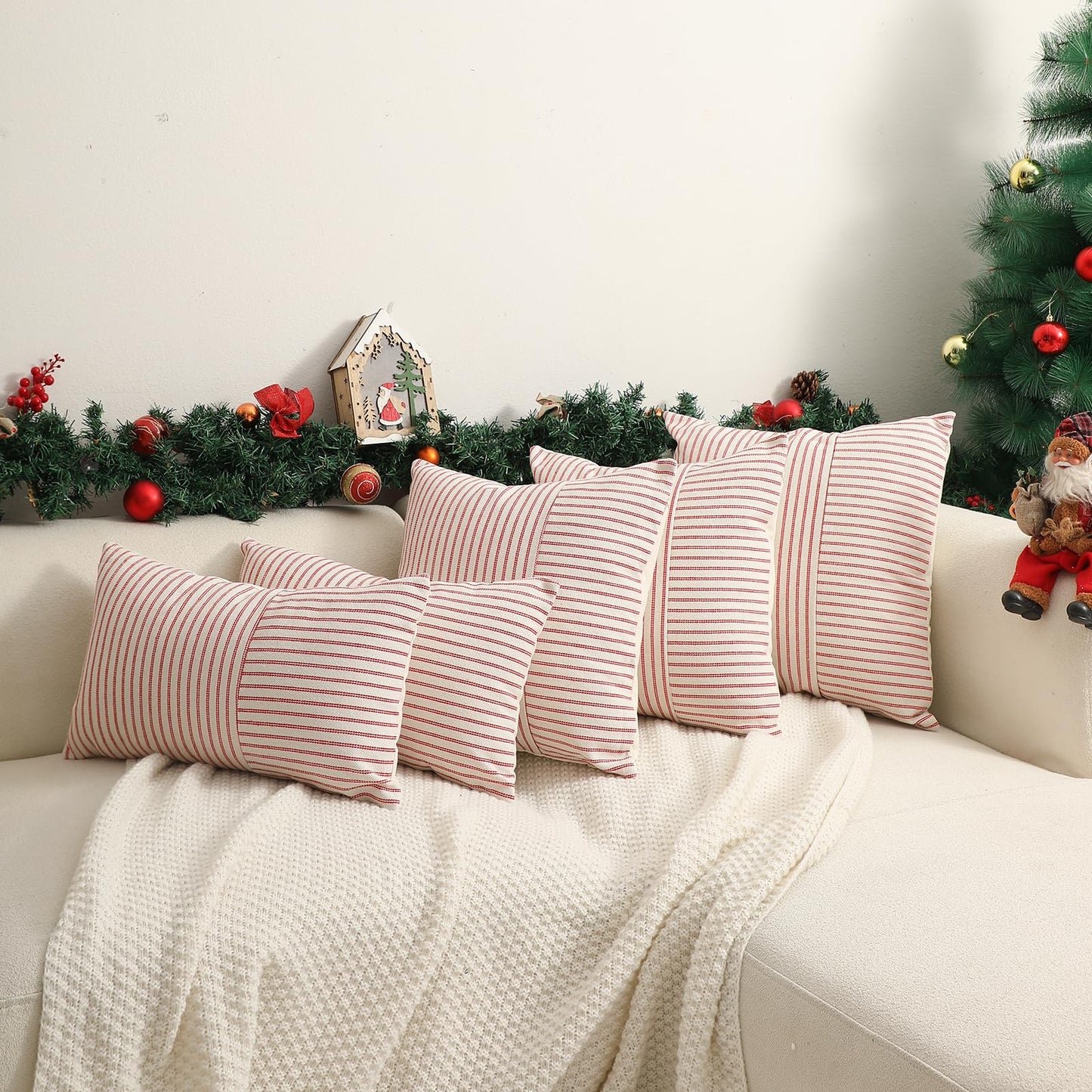 Hckot Christmas Farmhouse Pillow Covers 20x20, Red Throw Pillow Covers Set of 2, Striped Linen Decorative Pillows Cushion Covers for Couch Chair Beding Xmas Winter Decorations(Red)