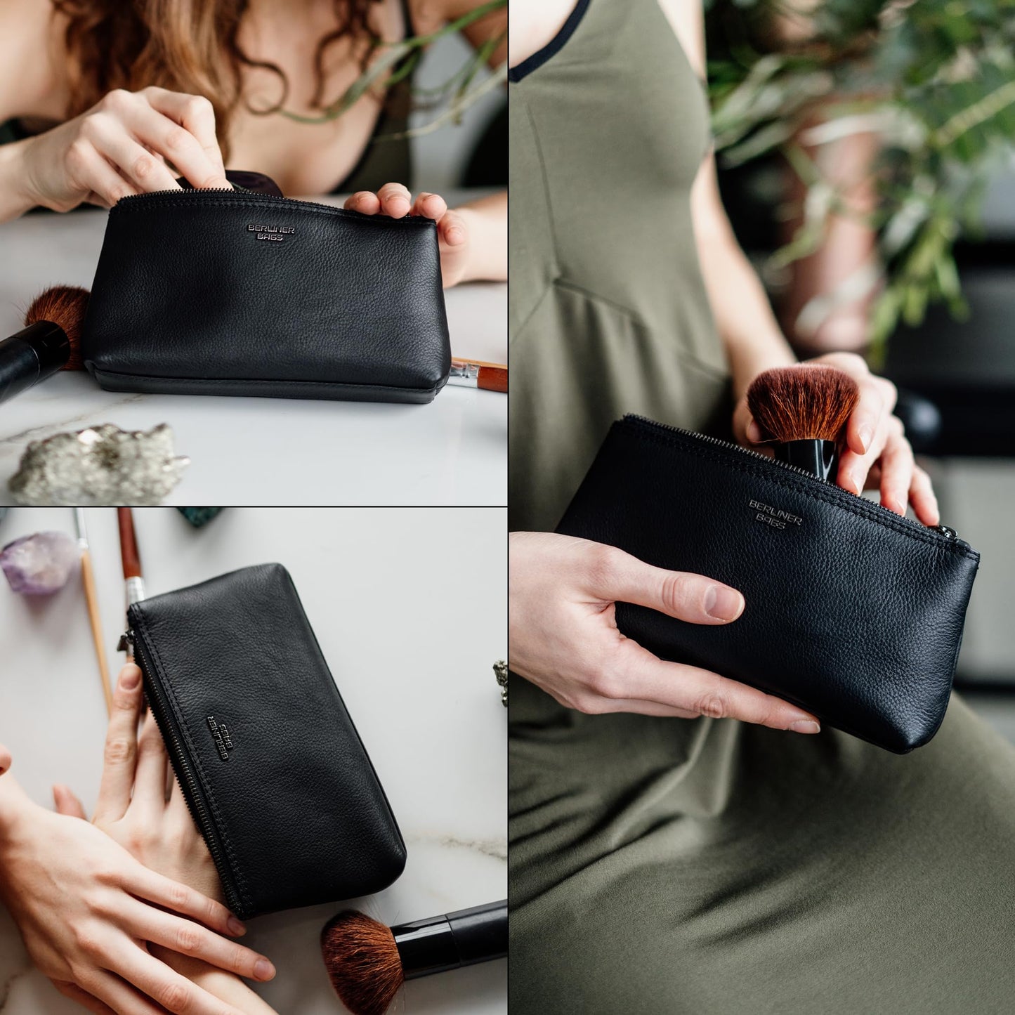 BERLINER BAGS Premium Genuine Leather Makeup Bag Anna, Cosmetic Bag for Purse, Travel and Cosmetics Pouch with Zipper for Women - Black
