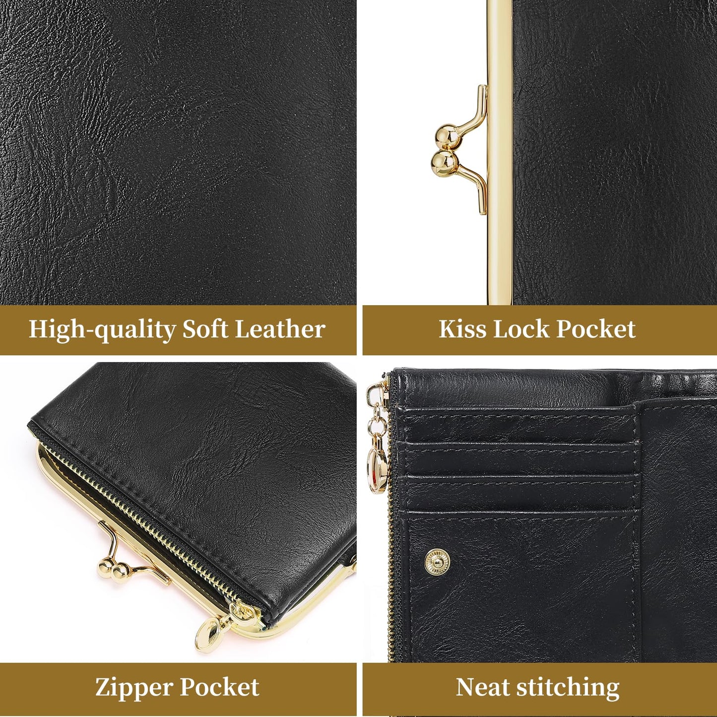 RNIEGA Wallet Women Small RFID Blocking Bifold Leather Wallets for Women Vintage Coin Purse With Zipper and Kiss Lock