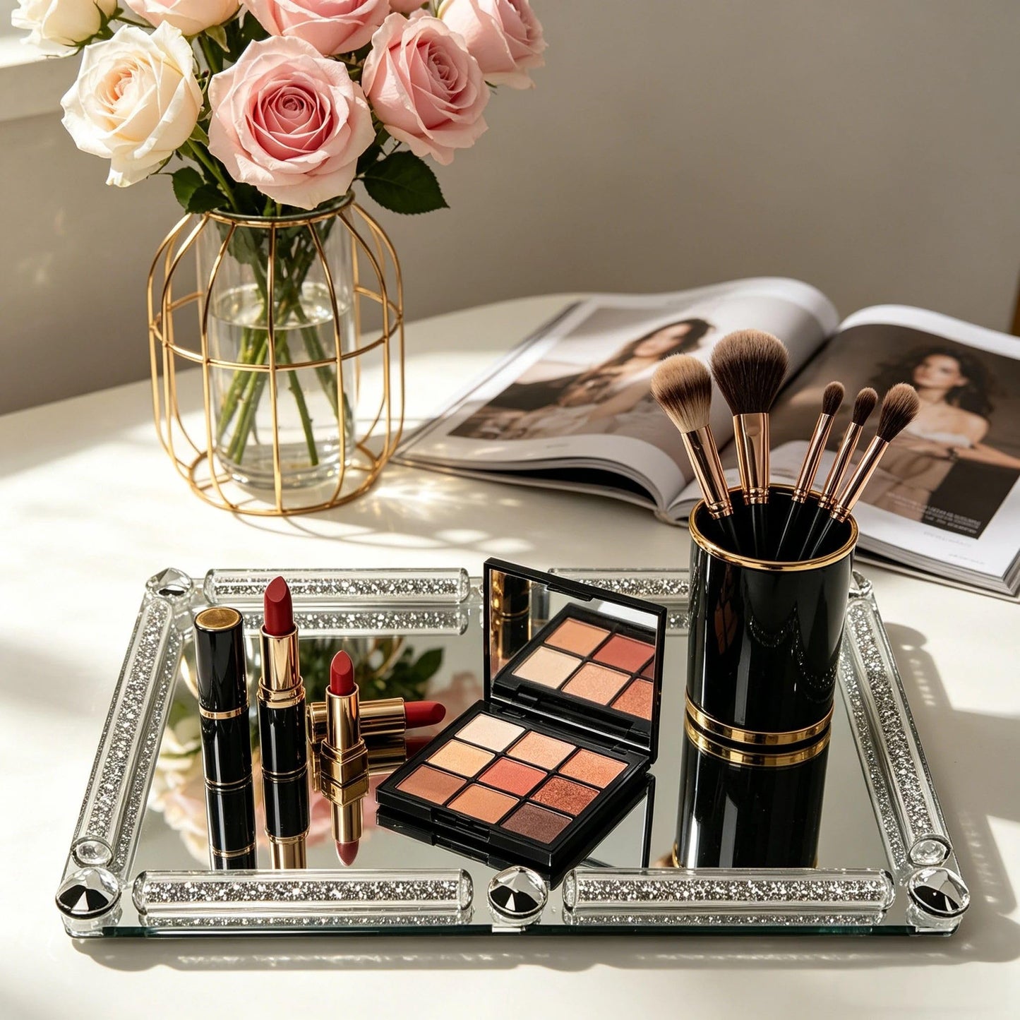 HMRCYTE Crystal Glass Tray, 11.8" x 7.9" Crushed Diamond Silver Mirror Perfume Makeup Display Tray, Noble Jewelry Trinket Vanity Trays, Ornate Rectangular Cosmetics Dresser Decoration for Home Decor