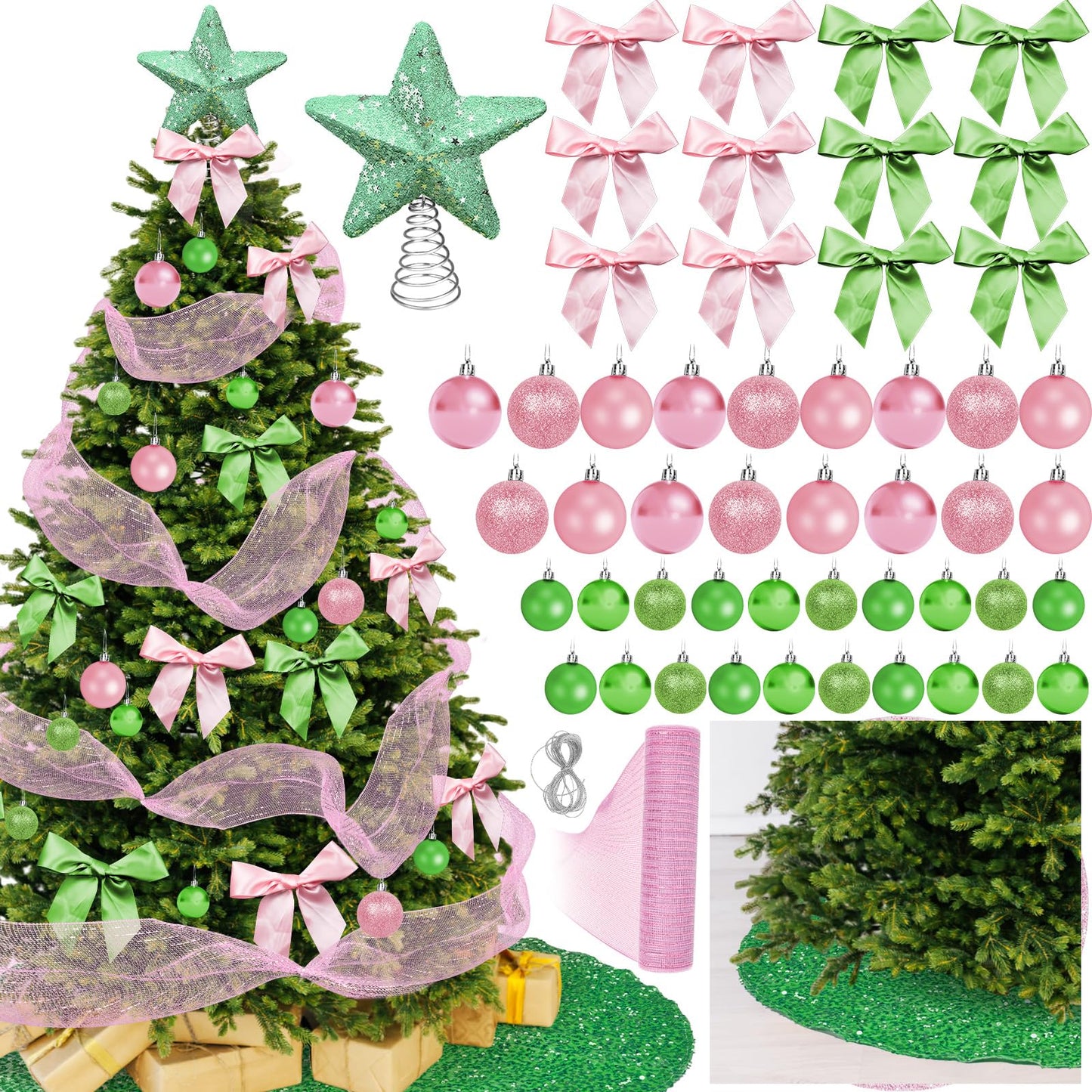 Cinrobiye Christmas Tree Decoration Set Including 48 Christmas Ornaments Balls,12 Bows,Tree Topper,Tree Skirt,Mesh Ribbon for Xmas Trees Holiday Party Garland Indoor DIY (Pink&Green)