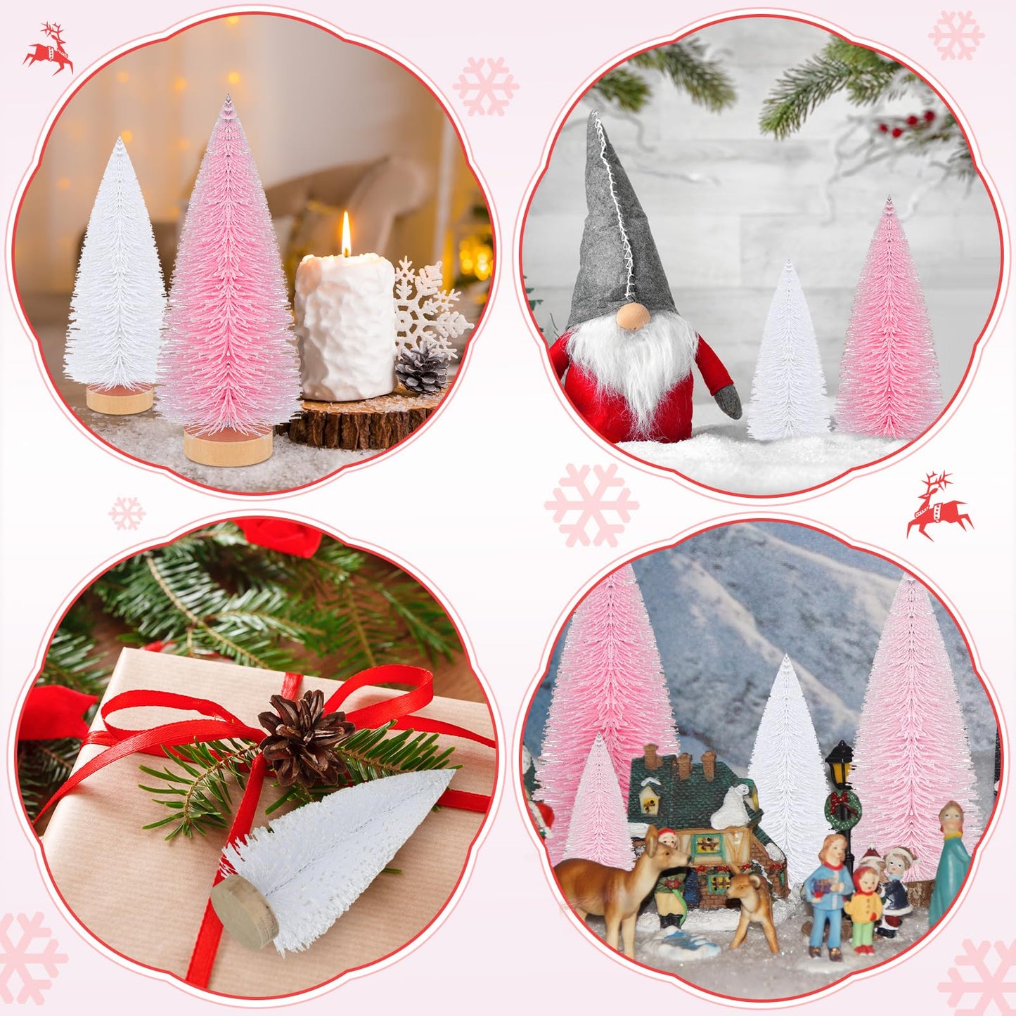 Leyndo 9 Pcs Pink Classic Artificial Mini Christmas Tree Sisal Bottle Brush Trees with Wood Base Christmas Pine Trees for Autumn Winter Holiday Home Kitchen Party Decor