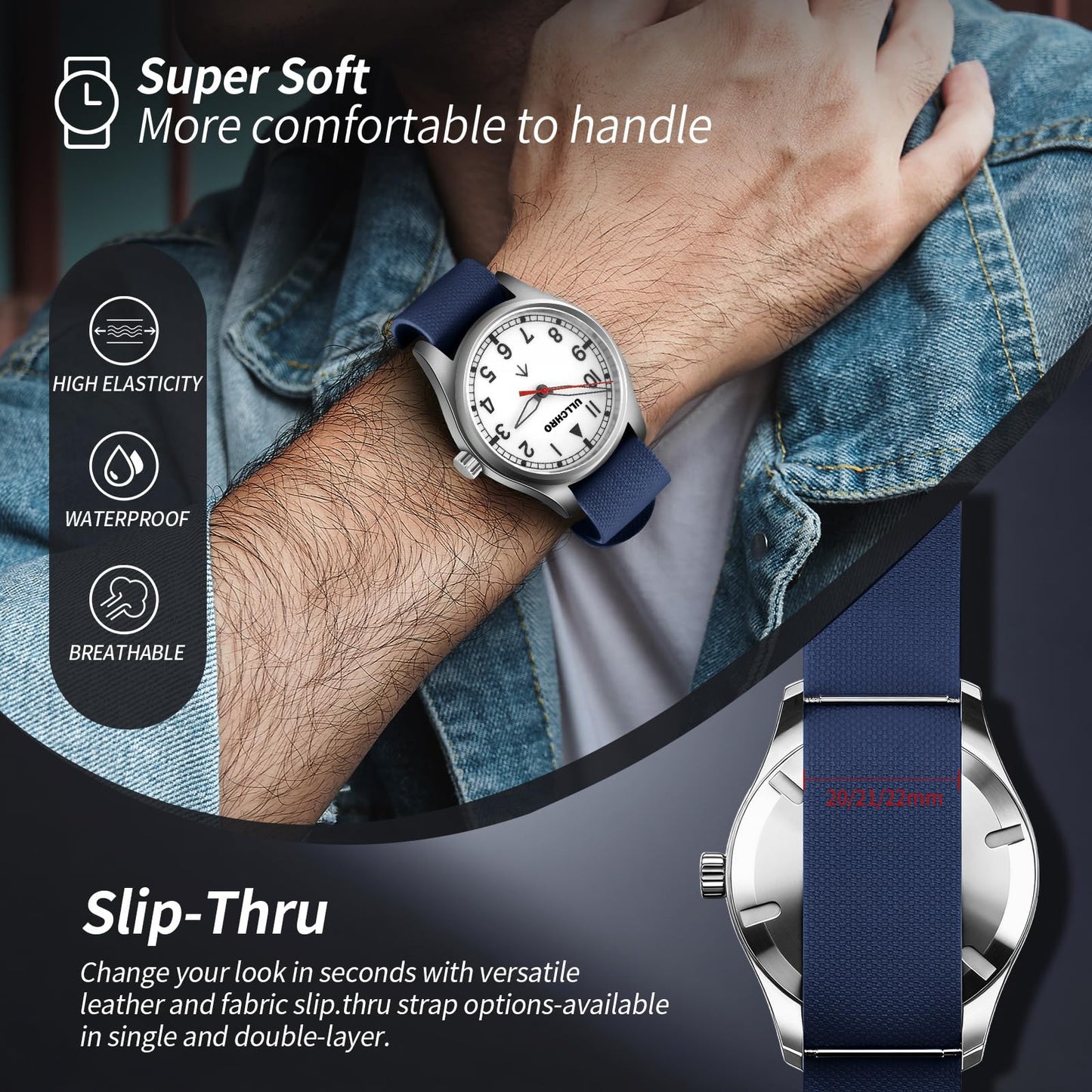 ULLCHRO Watch Strap FKM Rubber Watch Strap 20mm Waterproof Silicone Replacement Band 22mm, Soft Rubber for Man Watch Band (20mm, Navy Blue)
