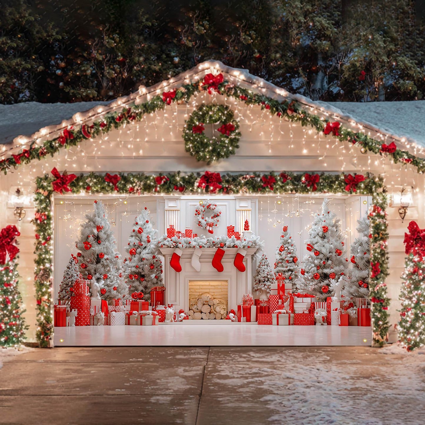 HOMETITUTE Christmas Garage Door Banner 13x6ft Red and White Fireplace Backdrop with Xmas Tree Stockings Gift Boxesand Lights Holiday Yard Wall Setting for Outdoor Party Setting Settingation