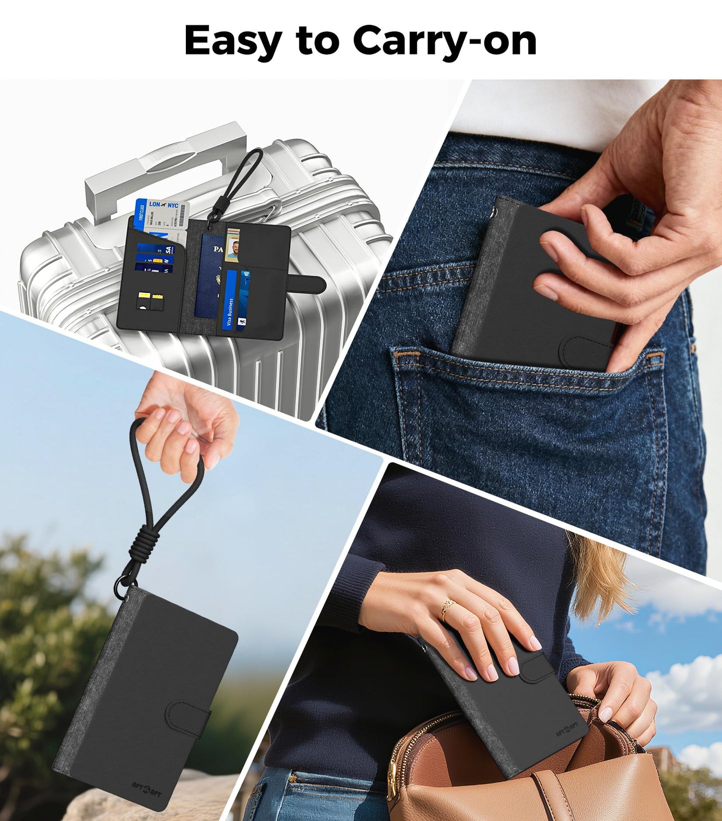 APTMAPT Smart Passport Holder Works with Apple Find My, Leather Travel Wallet with Wrist Strap & 2 SIM Card Slots, RFID Blocking Organizer for Passport/Cards/Tickets, Wireless Charging, Black