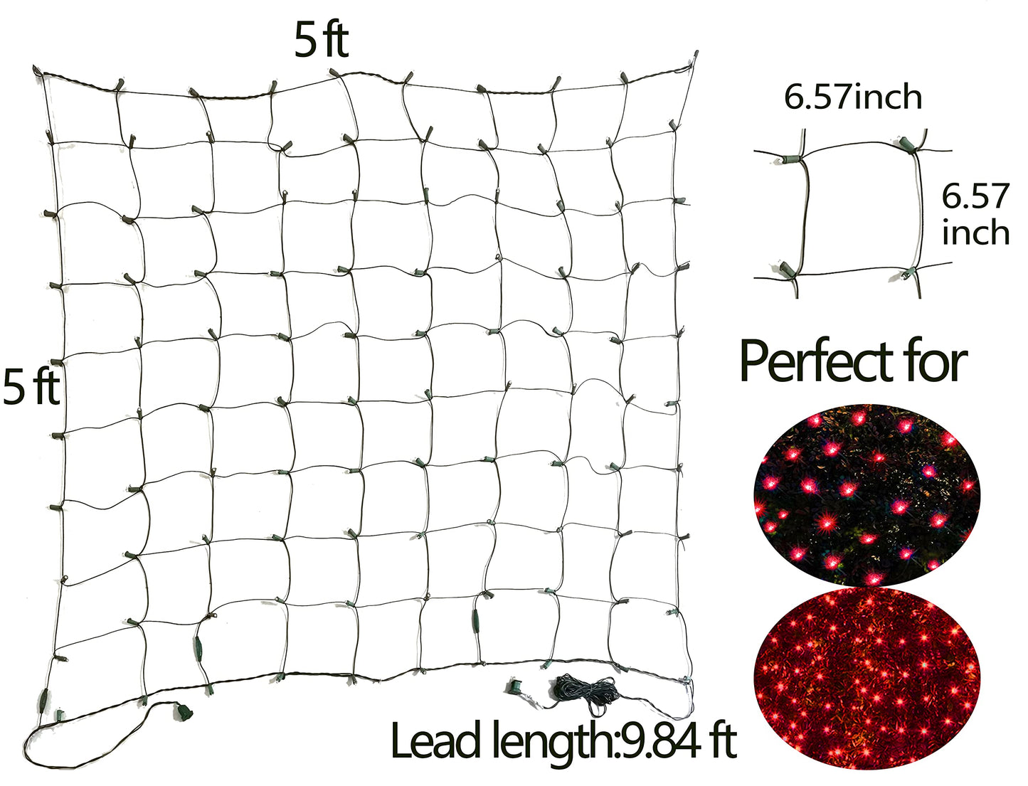 HISHINY LED Red Christmas Net Lights Outdoor,5ftx5ft 100LED Green Wire, Connectable Indoor Outdoor Bush Mesh Net Lights String for Valentines Day Decor,Shrub,Yard,Tree（Red）