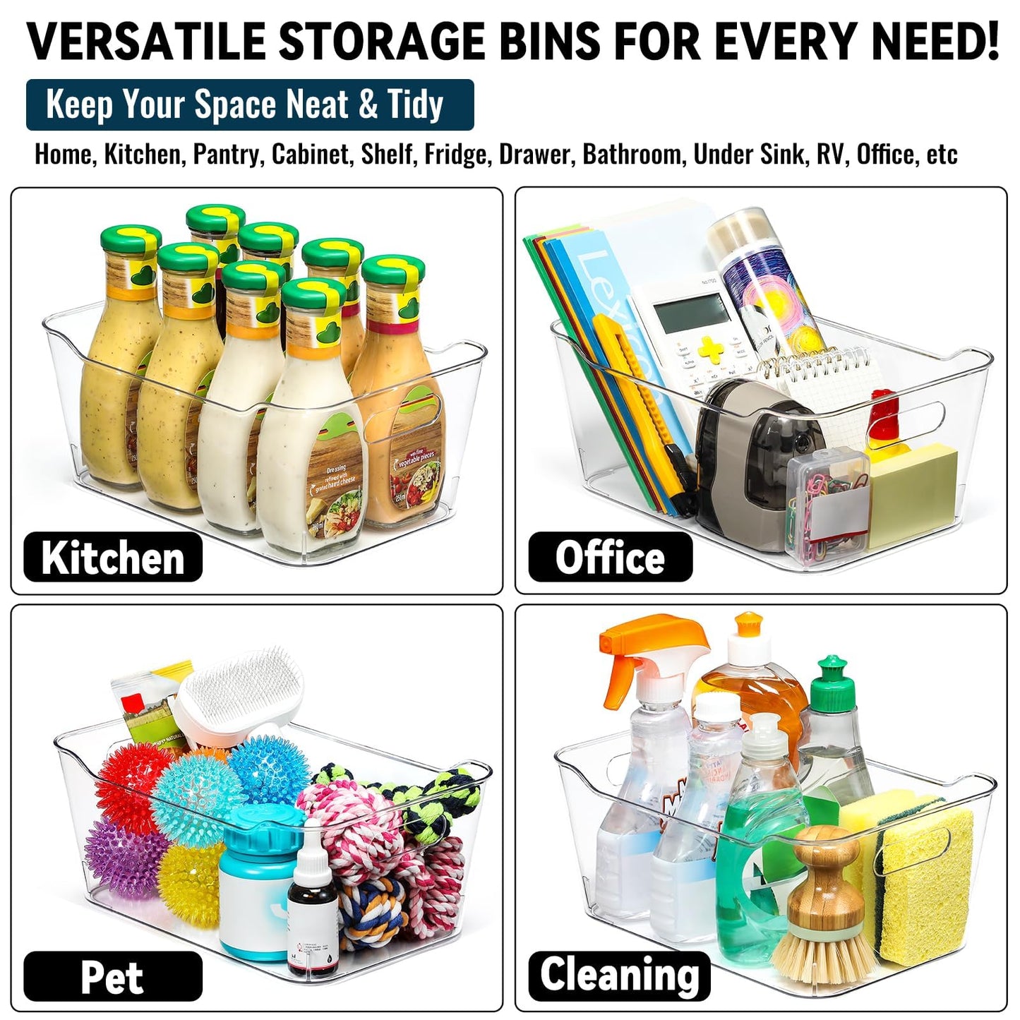12 PACK Multi-Use Clear Plastic Storage Bins for Organizing w/Labels - Home, Kitchen, Pantry, Bathroom, Office, Cabinet Shelf Organizer Bins - SOHO Collection, RV, Fridge Organization Containers - L