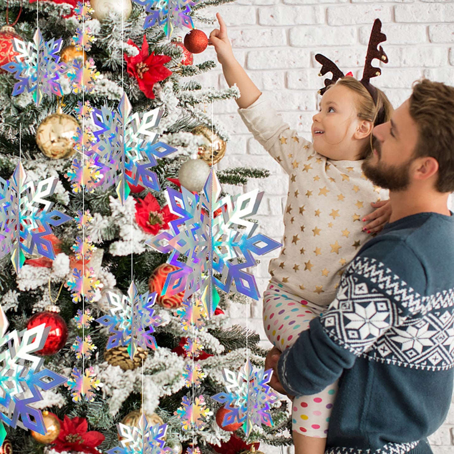 27PCS Christmas Hanging Snowflakes 3D Paper Snowflakes Christmas Tree Decorations Hanging Snowflake Decorations for Winter Wonderland Christmas Indoor Outdoor Holiday Decor (27, Iridescent)